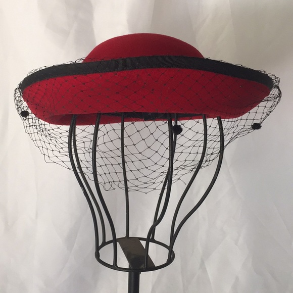Vintage red felt hat with black veil